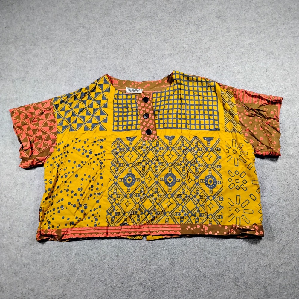 We Be Bop Rayon Batik Mixed Print Art to Wear Boxy Short Sleeve Top Mustard L